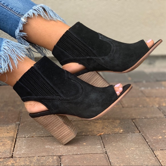 NIB Black Suede Peet Toe Open Back Ankle Bootie - Picture 7 of 8